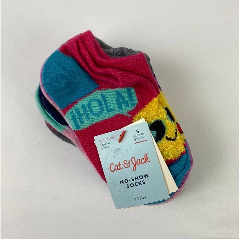 Cat & Jack Girl's 7 Pack No Show Emoji Socks Sizes S 5 1/2- 8 1/2 shoe size Todd